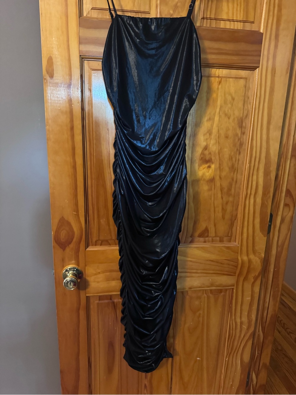 Black Ruched Midi Slip Dress with Cowl Neck